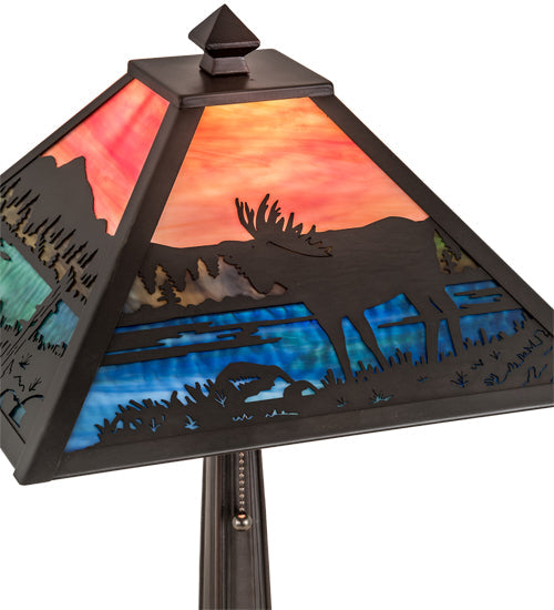 Meyda Lighting Moose at Lake 22" Craftsman Brown Table Lamp With Multi-Colored Shade Glass