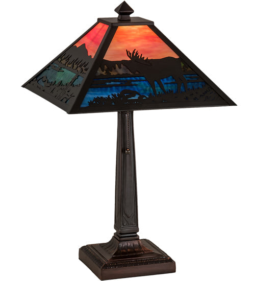 Meyda Lighting Moose at Lake 22" Craftsman Brown Table Lamp With Multi-Colored Shade Glass