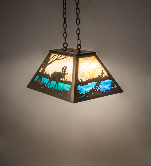 Meyda Lighting Moose at Lake 23" 3-Light Antique Copper Island Pendant Light With Beige Flemish and Blue Green Ripple Shade Glass