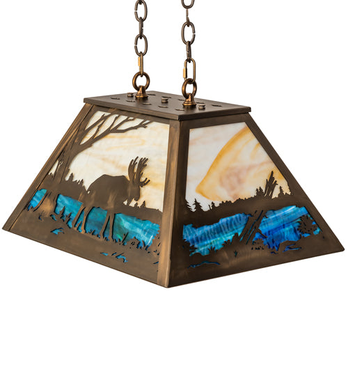 Meyda Lighting Moose at Lake 23" 3-Light Antique Copper Island Pendant Light With Beige Flemish and Blue Green Ripple Shade Glass