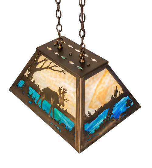 Meyda Lighting Moose at Lake 23" 3-Light Antique Copper Island Pendant Light With Beige Flemish and Blue Green Ripple Shade Glass