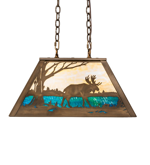 Meyda Lighting Moose at Lake 23" 3-Light Antique Copper Island Pendant Light With Beige Flemish and Blue Green Ripple Shade Glass