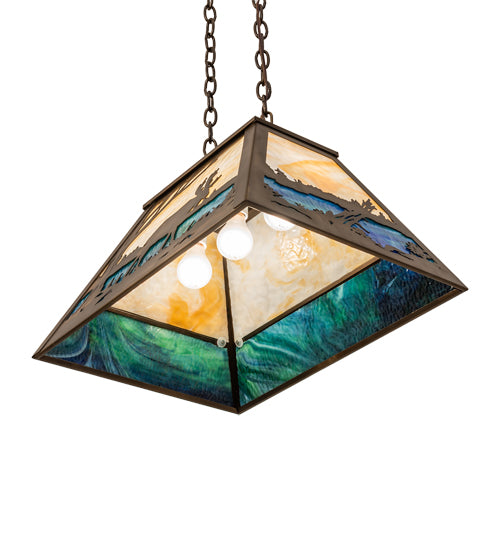 Meyda Lighting Moose at Lake 23" 3-Light Antique Copper Island Pendant Light With Beige Flemish and Blue Green Ripple Shade Glass