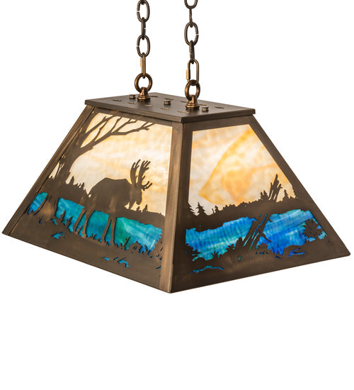 Meyda Lighting Moose at Lake 23" 3-Light Antique Copper Island Pendant Light With Beige Flemish and Blue Green Ripple Shade Glass