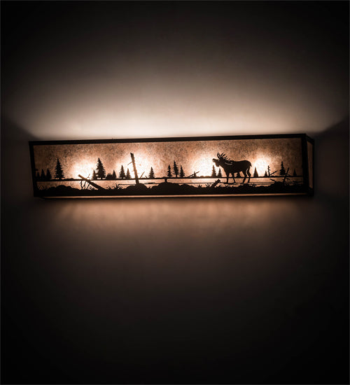Meyda Lighting Moose at Lake 31" 4-Light Craftsman Brown Vanity Light With Silver Mica Shade Glass