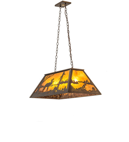 Meyda Lighting Moose at Lake 33" 6-Light Antique Copper Island Pedant Light With Amber Mica Shade Glass