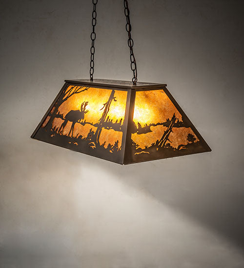 Meyda Lighting Moose at Lake 33" 6-Light Antique Copper Island Pedant Light With Amber Mica Shade Glass