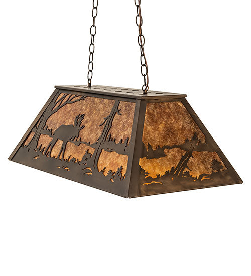 Meyda Lighting Moose at Lake 33" 6-Light Antique Copper Island Pedant Light With Amber Mica Shade Glass