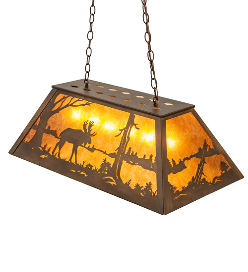 Meyda Lighting Moose at Lake 33" 6-Light Antique Copper Island Pedant Light With Amber Mica Shade Glass