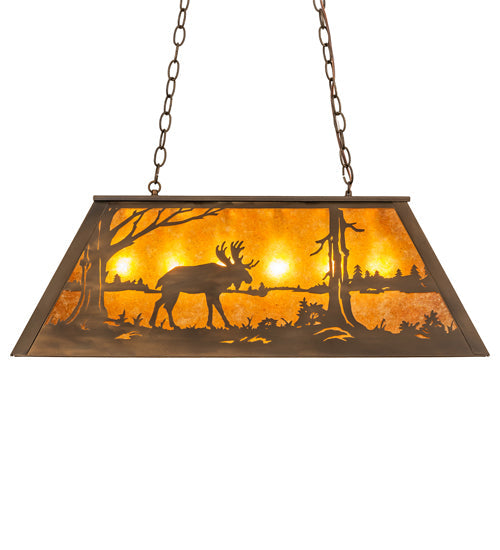 Meyda Lighting Moose at Lake 33" 6-Light Antique Copper Island Pedant Light With Amber Mica Shade Glass