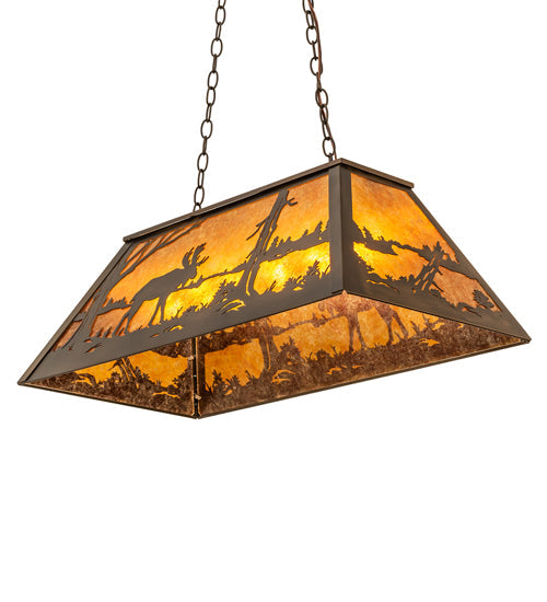 Meyda Lighting Moose at Lake 33" 6-Light Antique Copper Island Pedant Light With Amber Mica Shade Glass
