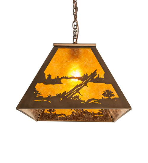 Meyda Lighting Moose at Lake 33" 6-Light Antique Copper Island Pedant Light With Amber Mica Shade Glass