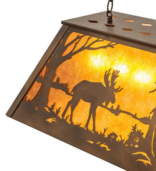 Meyda Lighting Moose at Lake 33" 6-Light Antique Copper Island Pedant Light With Amber Mica Shade Glass