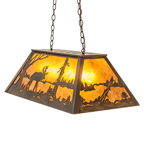 Meyda Lighting Moose at Lake 33" 6-Light Antique Copper Island Pedant Light With Amber Mica Shade Glass
