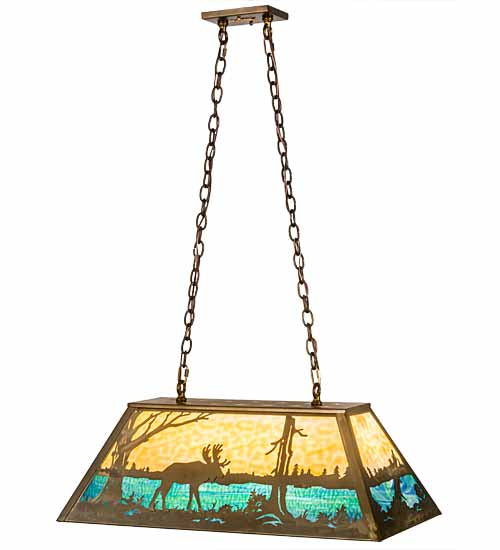 Meyda Lighting Moose at Lake 33" 6-Light Antique Copper Island Pendant Light With Beige & Blue Green Art Shade Glass