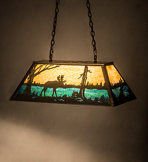 Meyda Lighting Moose at Lake 33" 6-Light Antique Copper Island Pendant Light With Beige & Blue Green Art Shade Glass