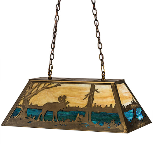 Meyda Lighting Moose at Lake 33" 6-Light Antique Copper Island Pendant Light With Beige & Blue Green Art Shade Glass