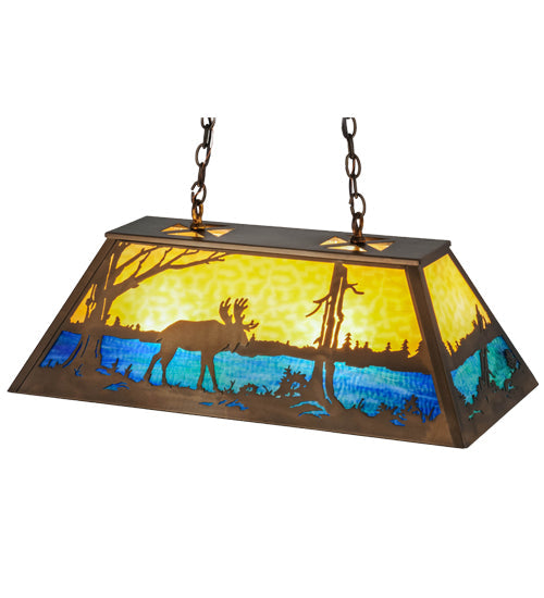 Meyda Lighting Moose at Lake 33" 6-Light Antique Copper Island Pendant Light With Beige & Blue Green Art Shade Glass