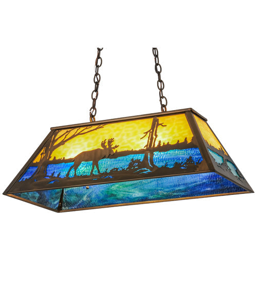 Meyda Lighting Moose at Lake 33" 6-Light Antique Copper Island Pendant Light With Beige & Blue Green Art Shade Glass