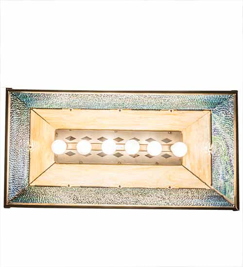 Meyda Lighting Moose at Lake 33" 6-Light Antique Copper Island Pendant Light With Beige & Blue Green Art Shade Glass