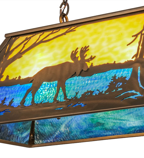 Meyda Lighting Moose at Lake 33" 6-Light Antique Copper Island Pendant Light With Beige & Blue Green Art Shade Glass
