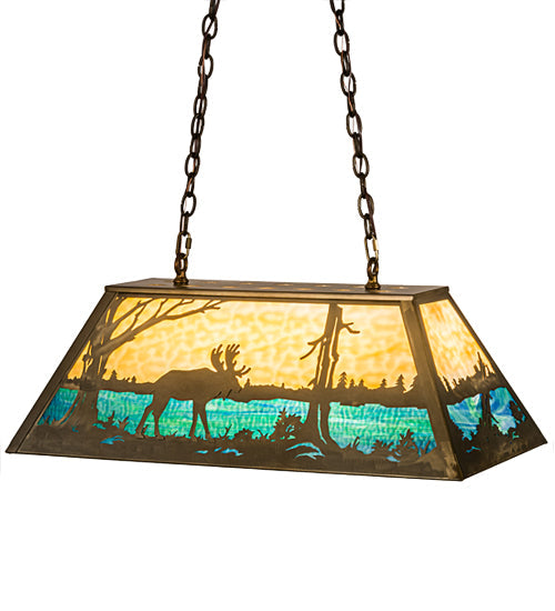 Meyda Lighting Moose at Lake 33" 6-Light Antique Copper Island Pendant Light With Beige & Blue Green Art Shade Glass