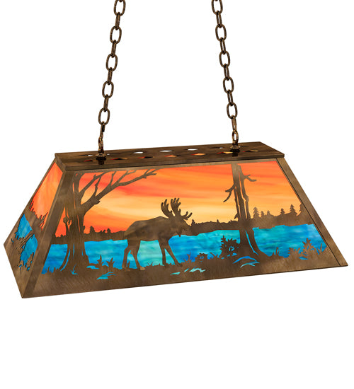 Meyda Lighting Moose at Lake 33" 6-Light Antique Copper Island Pendant Light With Orange & Blue Shade Glass