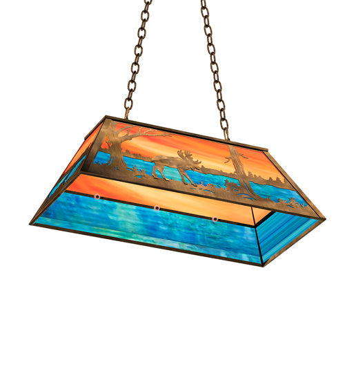 Meyda Lighting Moose at Lake 33" 6-Light Antique Copper Island Pendant Light With Orange & Blue Shade Glass