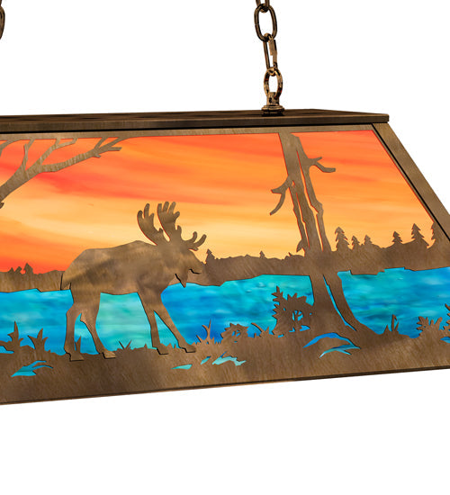 Meyda Lighting Moose at Lake 33" 6-Light Antique Copper Island Pendant Light With Orange & Blue Shade Glass