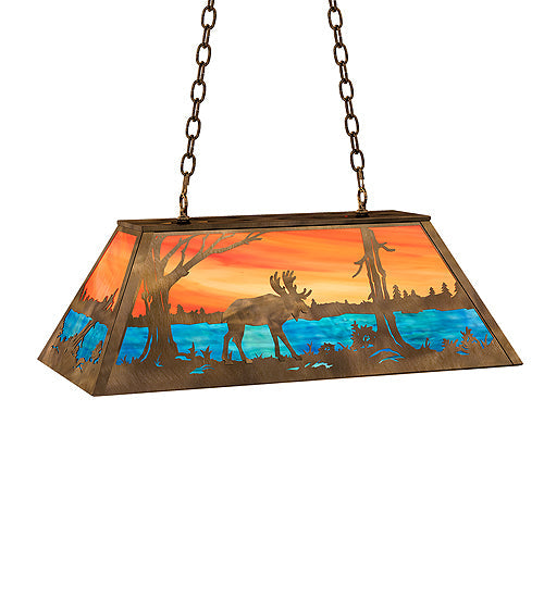 Meyda Lighting Moose at Lake 33" 6-Light Antique Copper Island Pendant Light With Orange & Blue Shade Glass
