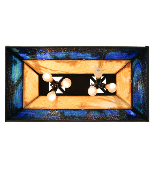 Meyda Lighting Moose at Lake 33" 6-Light Dark Roast Island Pendant Light With Beige & Blue Green Art Shade Glass