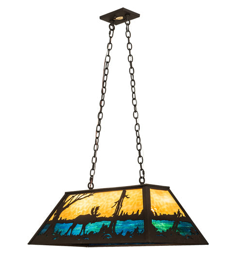 Meyda Lighting Moose at Lake 33" 6-Light Dark Roast Island Pendant Light With Beige & Blue Green Art Shade Glass