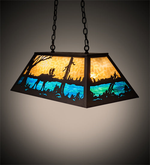 Meyda Lighting Moose at Lake 33" 6-Light Dark Roast Island Pendant Light With Beige & Blue Green Art Shade Glass