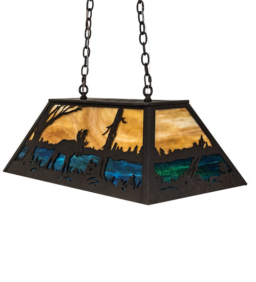 Meyda Lighting Moose at Lake 33" 6-Light Dark Roast Island Pendant Light With Beige & Blue Green Art Shade Glass