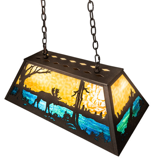 Meyda Lighting Moose at Lake 33" 6-Light Dark Roast Island Pendant Light With Beige & Blue Green Art Shade Glass