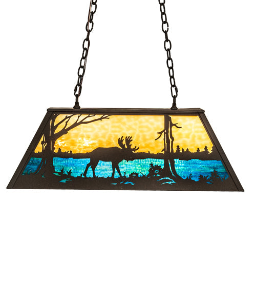 Meyda Lighting Moose at Lake 33" 6-Light Dark Roast Island Pendant Light With Beige & Blue Green Art Shade Glass