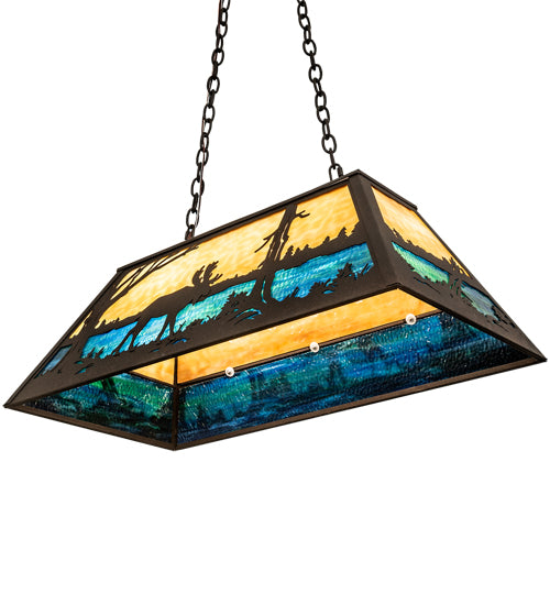 Meyda Lighting Moose at Lake 33" 6-Light Dark Roast Island Pendant Light With Beige & Blue Green Art Shade Glass