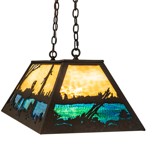 Meyda Lighting Moose at Lake 33" 6-Light Dark Roast Island Pendant Light With Beige & Blue Green Art Shade Glass