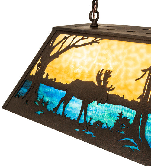 Meyda Lighting Moose at Lake 33" 6-Light Dark Roast Island Pendant Light With Beige & Blue Green Art Shade Glass