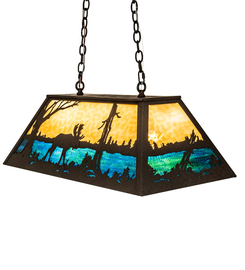 Meyda Lighting Moose at Lake 33" 6-Light Dark Roast Island Pendant Light With Beige & Blue Green Art Shade Glass
