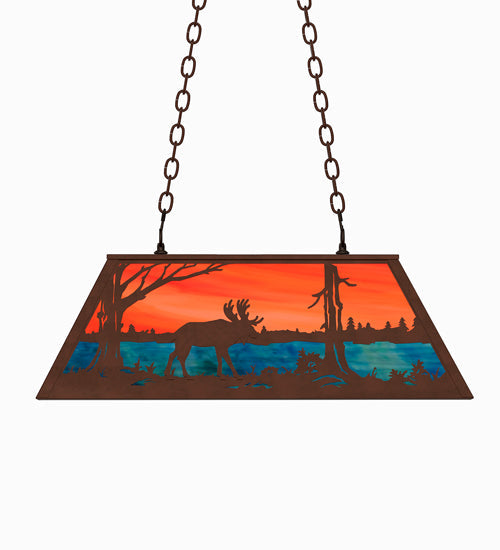Meyda Lighting Moose at Lake 33" 6-Light Mahogany Bronze Island Pendant Light With Orange & Blue Green Art Shade Glass