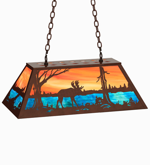 Meyda Lighting Moose at Lake 33" 6-Light Mahogany Bronze Island Pendant Light With Orange & Blue Green Art Shade Glass