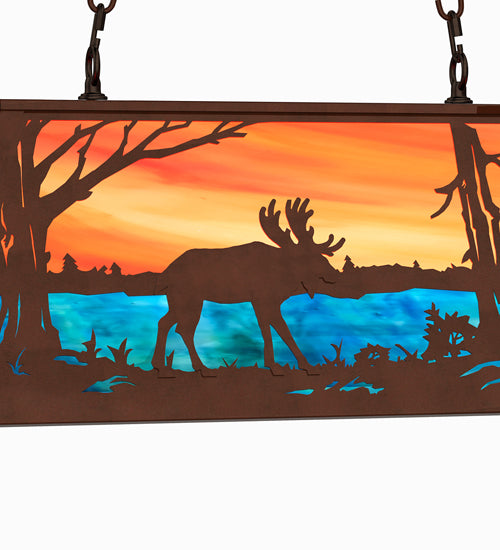 Meyda Lighting Moose at Lake 33" 6-Light Mahogany Bronze Island Pendant Light With Orange & Blue Green Art Shade Glass