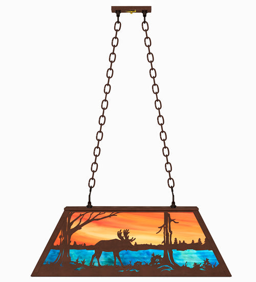 Meyda Lighting Moose at Lake 33" 6-Light Mahogany Bronze Island Pendant Light With Orange & Blue Green Art Shade Glass