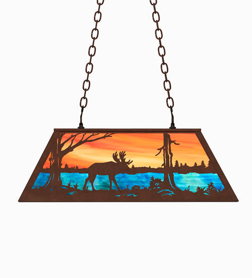 Meyda Lighting Moose at Lake 33" 6-Light Mahogany Bronze Island Pendant Light With Orange & Blue Green Art Shade Glass