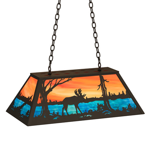 Meyda Lighting Moose at Lake 33" 6-Light Oil Rubbed Bronze Island Pendant Light With Orange & Blue Shade Glass