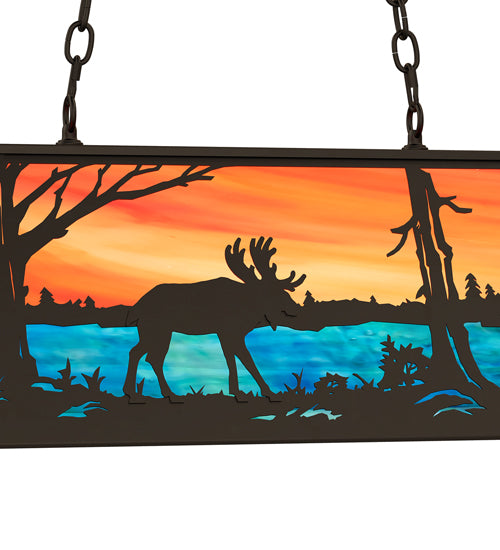 Meyda Lighting Moose at Lake 33" 6-Light Oil Rubbed Bronze Island Pendant Light With Orange & Blue Shade Glass