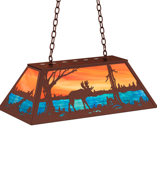 Meyda Lighting Moose at Lake 33" 6-Light Rust Island Pendant Light With Orange & Blue Shade Glass