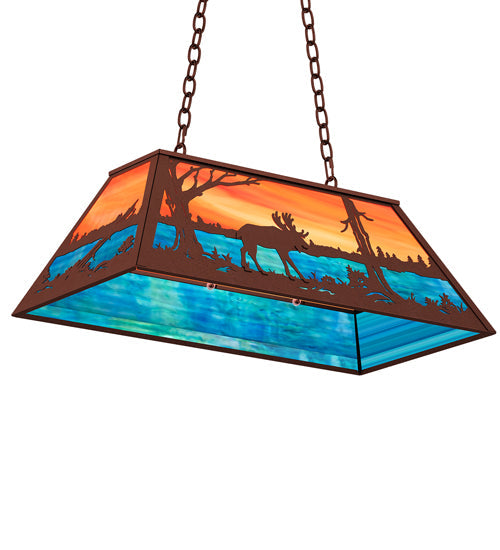 Meyda Lighting Moose at Lake 33" 6-Light Rust Island Pendant Light With Orange & Blue Shade Glass