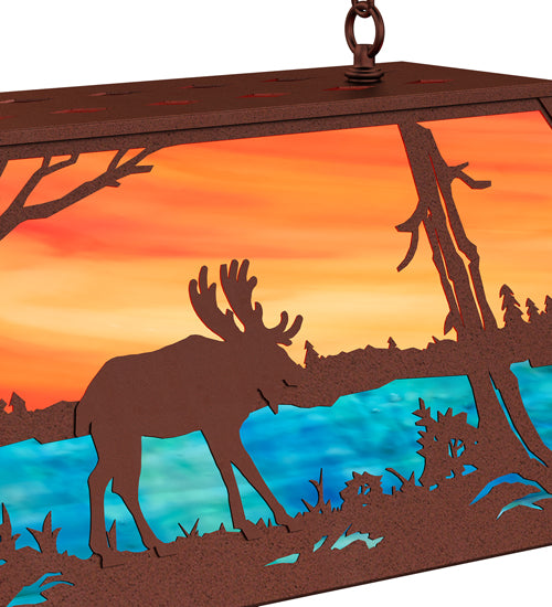 Meyda Lighting Moose at Lake 33" 6-Light Rust Island Pendant Light With Orange & Blue Shade Glass